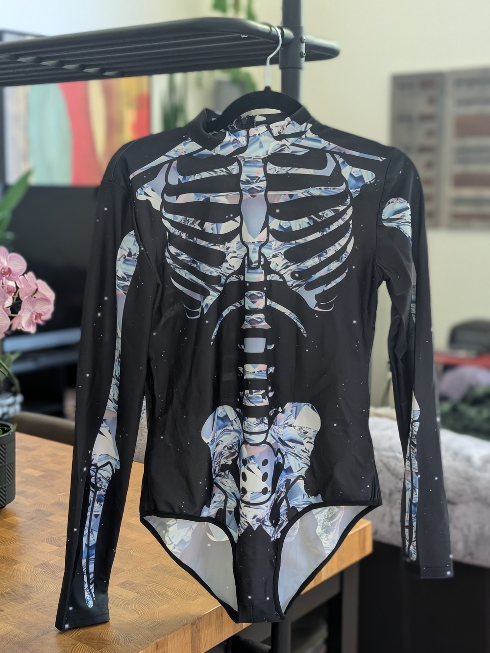 Black Skeleton-Print Long-Sleeve Bodysuit